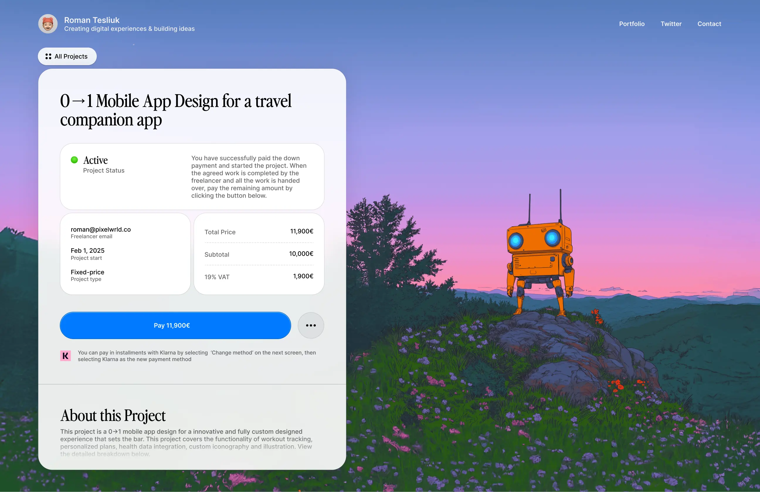 A mockup of the Portal application showing project details, including pricing, status, and payment options against a scenic background.